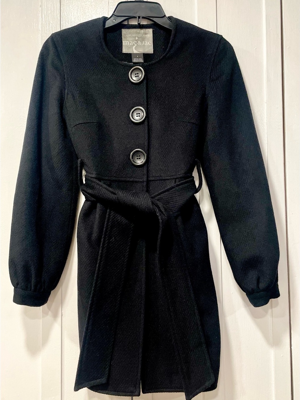 Mac & Jac Black Wool Blend Belted Pea Coat Jacket 70% Wool 10% Angora Size 2